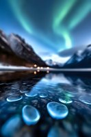 Mesmerizing aurora borealis over mountain lake with glowing stones underwater creating magical reflection. Distant lights add warmth to cold winter landscape.