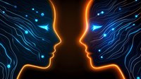 Glowing orange and blue silhouettes face each other with flowing digital lines and luminous dots creating futuristic connection concept for artificial intelligence design.