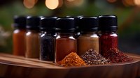 Aromatic spices and seasonings in glass jars with heaps of ground powder on wooden board against blurred bokeh background, culinary concept for cooking.