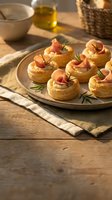 Gourmet puff pastry appetizers with prosciutto and rosemary on rustic wooden board, elegant party food presentation for catering and entertaining.