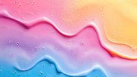 Colorful liquid waves with water drops on gradient background from pink to blue, abstract fluid art texture with condensation effect creates dreamy pattern.