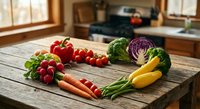 Fresh organic vegetables arranged on rustic wooden table in bright kitchen. Colorful produce including tomatoes, carrots, cabbage for healthy cooking and meal prep.