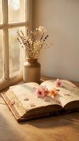 Vintage open book with delicate pink flowers on wooden table by window with dried botanical arrangement in ceramic vase creating warm nostalgic atmosphere.