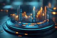 Futuristic circular platform with glowing orange and blue financial charts, digital data visualization and market analysis interface on dark background.