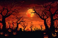 Spooky Halloween night scene with glowing jack o'lanterns beneath twisted bare trees, full orange moon, and flying bats against dark red sky. For seasonal designs.