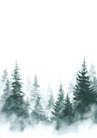 Misty pine forest silhouettes in foggy winter landscape with evergreen trees fading into white background, creating atmospheric woodland scene.