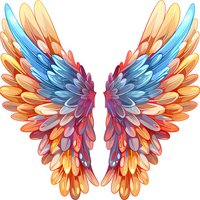 Vibrant angel wings in orange, blue and pink feathers on white background, isolated design element for creative projects and decorative artwork.