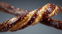 Twisted salted pretzel sticks with shiny glaze and salt crystals on dark background, macro food photography showing texture and details of baked pastry.