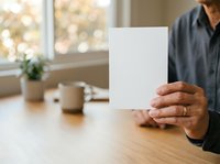 Person holding blank white card at wooden desk with window background, suitable for mockups, advertising, and business presentations.