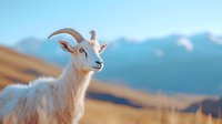 White mountain goat with curved horns looking into distance against blurred mountain landscape background in warm sunlight, showcasing wildlife in natural habitat.