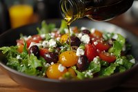Fresh Mediterranean salad with olive oil being poured over mixed greens, cherry tomatoes, olives and feta cheese for healthy dining and cooking concepts.