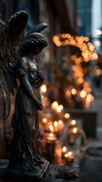 Stone angel statue with warm bokeh lights in background creating peaceful memorial atmosphere for spiritual and remembrance concepts.