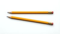 Two yellow wooden pencils with pink erasers isolated on white background for office supplies and school stationery design projects.