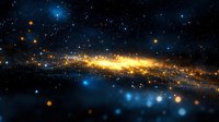 Glowing cosmic particles and stars create magical space atmosphere with golden and blue light effects against dark background. Reflective surface adds depth.
