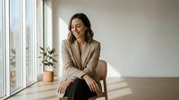 Young professional woman in beige blazer sitting by window in modern office space, smiling confidently with natural lighting for business content.
