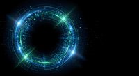 Futuristic digital circle with glowing blue and green neon lights, tech interface elements and data visualization on dark background for sci-fi designs.