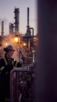 Female engineer in hard hat and safety vest inspecting pressure gauge at oil refinery at dusk, industrial plant glowing in background.