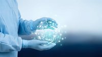Medical professional in protective gloves holding glowing digital globe with network connections representing global healthcare technology and innovation.