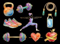 Colorful fitness and wellness icons isolated on transparent background, ready for t-shirt design, clipart, stickers, sublimation and print-on-demand products.