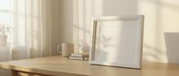 Minimalist workspace with empty picture frame on wooden desk near window with natural sunlight and soft shadows for mockup design projects.