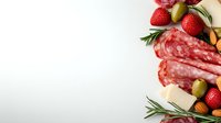 Gourmet charcuterie board with sliced salami, cheese, strawberries, olives, nuts and rosemary sprigs on white background with copy space for menu design.