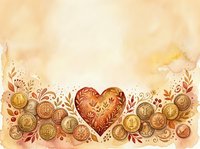 Watercolor autumn heart with golden coins and fall foliage border on textured paper background for seasonal greeting cards and romantic designs.