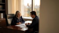 Two professionals engaged in a business meeting at a wooden desk in a modern office with city views, discussing documents and contracts during daytime consultation.