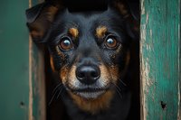Adorable black and tan puppy peeking through weathered wooden fence with expressive brown eyes and curious expression for pet adoption campaigns.