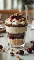 Layered dessert in glass with chocolate mousse, cream, cherries and nuts. Decadent parfait featuring alternating layers of white cream, dark chocolate, topped with fresh fruit sauce.