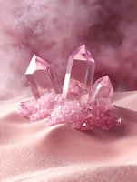 Pink crystal cluster formation with translucent quartz points emerging from crystalline base against dreamy rose-colored background with soft atmospheric smoke effect.