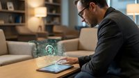 Middle-aged Caucasian male professional wearing glasses and dark blazer working on tablet with holographic health and wellness interface display in modern office lounge setting.