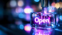 Glowing neon open sign reflected in glass perfume bottle against blurred city lights background creates modern urban nightlife atmosphere with purple and blue colors.