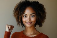 Young African American woman with natural curly hair and bright smile wearing orange sweater against neutral background, expressing joy and confidence.