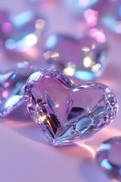 Crystal heart on soft purple background with bokeh lights creating romantic atmosphere. Macro photography captures light reflections and transparency.