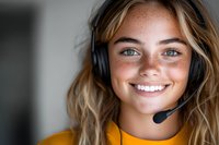 Young female customer service representative with freckles and bright smile wearing yellow sweater and headset against blurred background. Professional portrait.