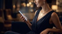 Woman holding smartphone at night with warm bokeh lights in background, suitable for mobile app marketing and technology lifestyle content.