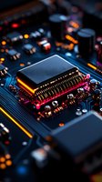 Macro shot of electronic circuit board with microchip processor, glowing orange and pink LED lights creating futuristic technology atmosphere. For tech industry visuals.