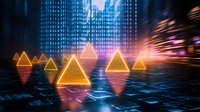 Glowing orange pyramids float over digital surface with binary code background in dark cyberpunk environment, motion blur and neon reflections create futuristic scene.
