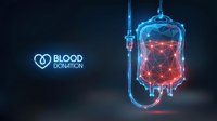 Digital blood donation bag with glowing network connections and medical tubing on dark background for healthcare technology concepts.