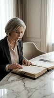 Senior woman with gray hair, Caucasian ethnicity, wearing dark blazer and white blouse, reviewing documents at marble desk in modern office setting with natural light.