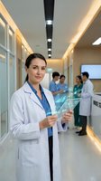 Female Caucasian doctor in white coat holds transparent tablet with glowing holographic medical data in modern hospital corridor with staff in background.