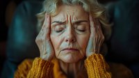 Elderly Caucasian woman experiencing severe headache holding temples with both hands, eyes closed in pain, wearing yellow knitted sweater against dark background.