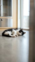 Adorable black and white kitten lying on modern kitchen floor near window with natural light streaming in creating cozy domestic atmosphere.