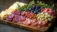 Appetizing charcuterie board with assorted cured meats, cheese, nuts, olives, blueberries and fresh rosemary arranged on rustic wooden serving board.