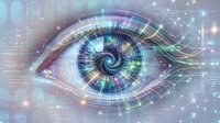Digital eye with swirling data streams and glowing circuits representing artificial intelligence, machine learning, and futuristic technology concepts.