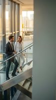 Business professionals walking up modern office staircase during golden hour. Corporate team collaboration and success concept for workplace communication.