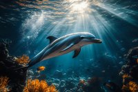 Dolphin swimming in deep blue ocean with sunbeams penetrating water surface, surrounded by coral reef and tropical fish in underwater scene.