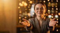 Professional businesswoman with glasses giving thumbs up gesture against warm bokeh lights background for success and approval concepts.