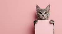 Curious gray cat peeking over white blank board against pink background, holding empty sign with paws. Playful pet portrait for advertising and social media.