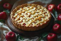 Homemade apple pie with lattice crust on wooden board surrounded by fresh red apples and green leaves, rustic style food photography on linen cloth.
